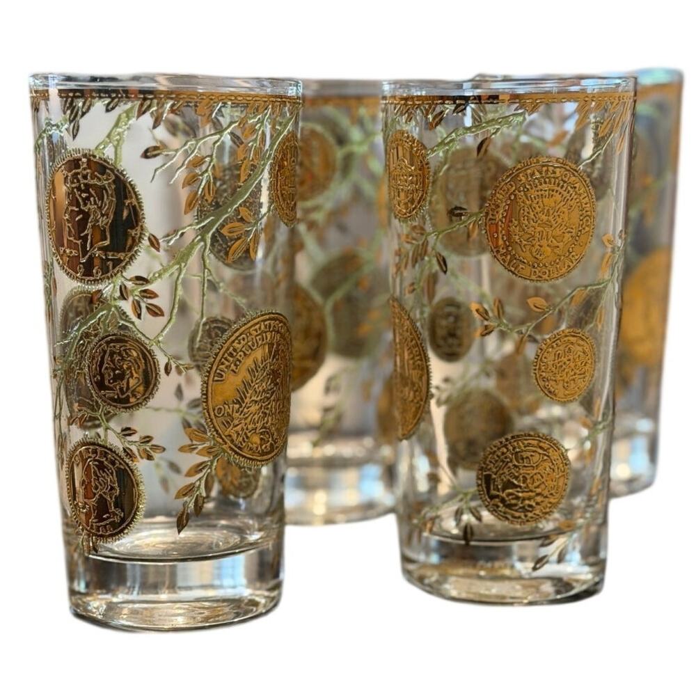 Vintage Culver Rare Midas Highball Tumbler Glass Coins and Vines MCM Set of 4 - Picture 14 of 14